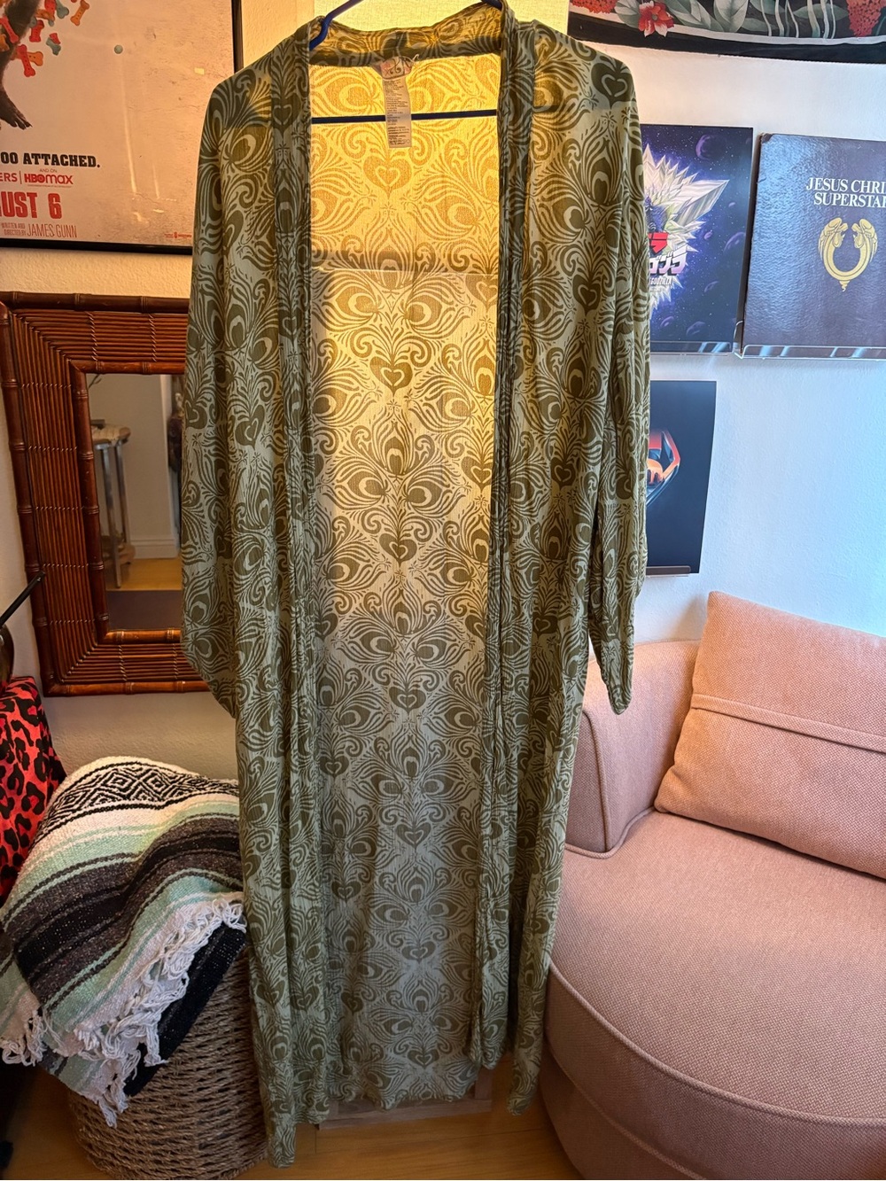 Free People Green Sheer Patterned Duster Kimono